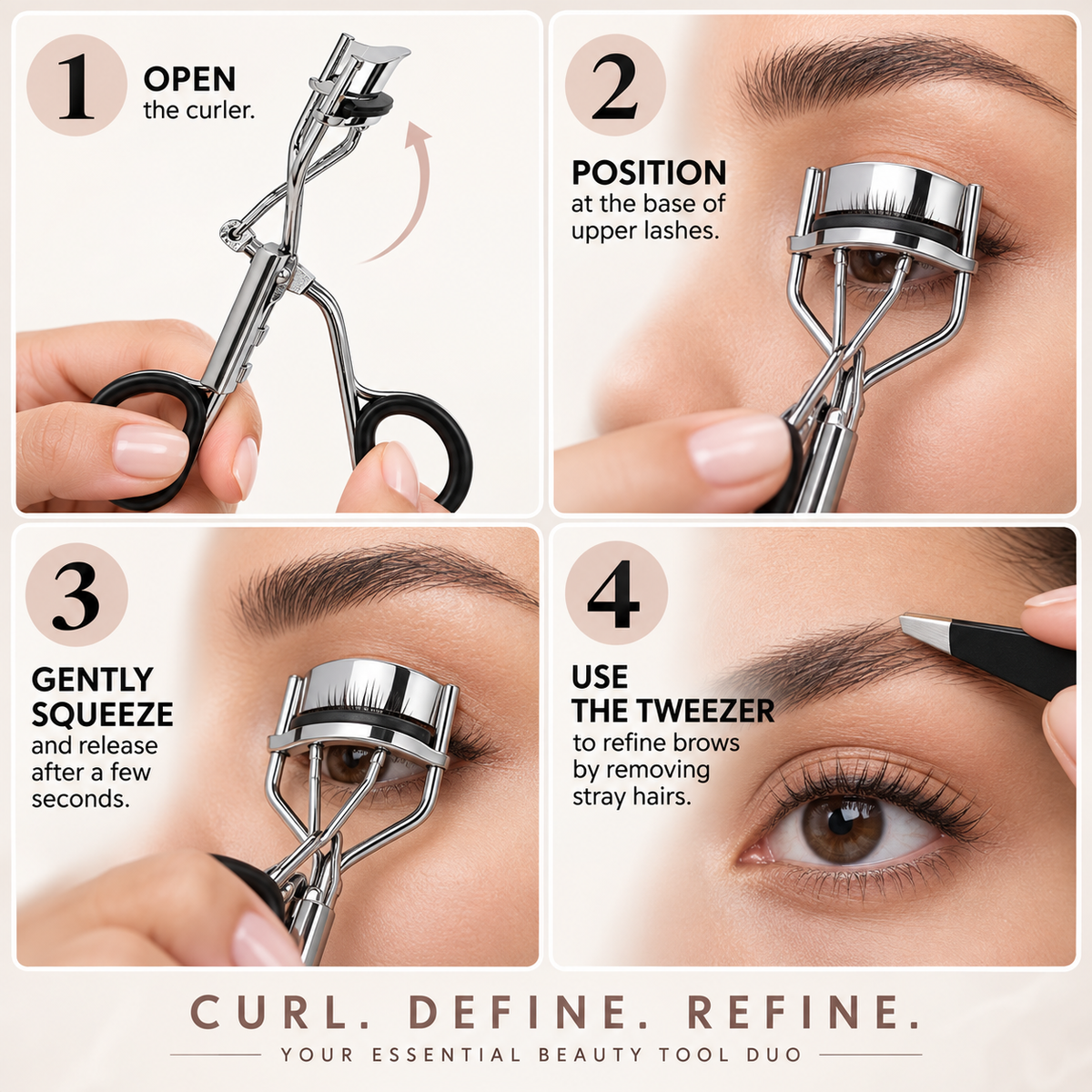 Eyelash Curler & Slant Tweezer Set – Stainless Steel with Refill Pad