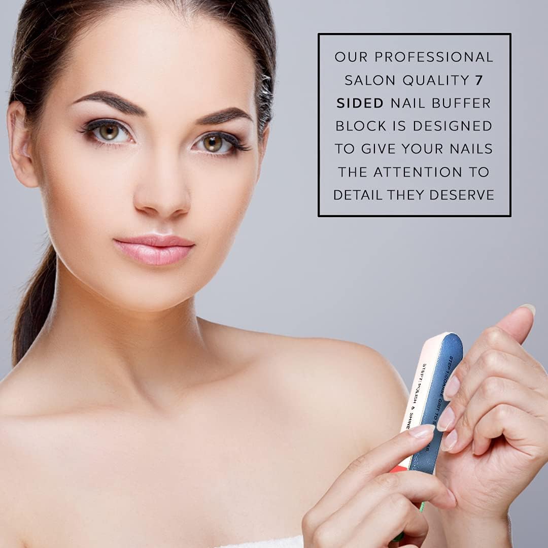 Woman holding La Cross 7-Way Buffer with text overlay describing its multi-functional nail grooming benefits