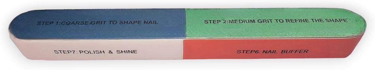 Side-by-side view of La Cross 7-Way Nail Buffer displaying colored sections for each nail care step
