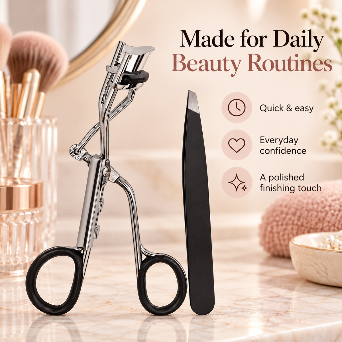 Eyelash Curler & Slant Tweezer Set – Stainless Steel with Refill Pad