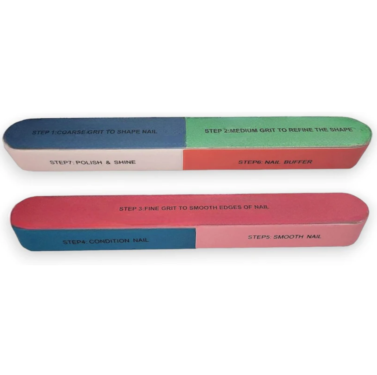 La Cross 7-Way Nail Buffer showing labeled colored sections for shaping, smoothing, and polishing nails