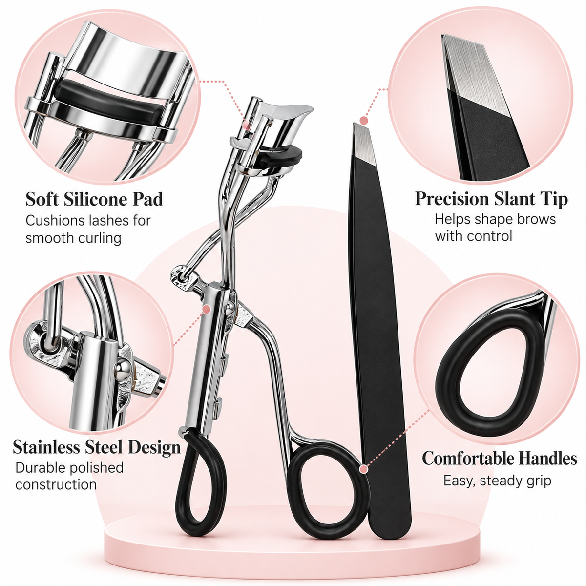 Eyelash Curler & Slant Tweezer Set – Stainless Steel with Refill Pad
