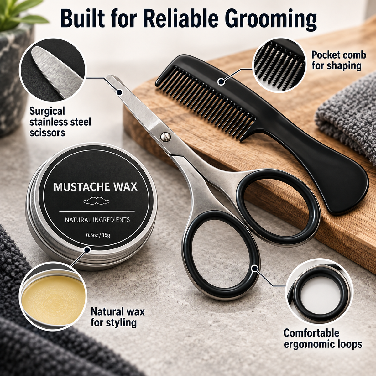 Mustache & Beard Grooming Kit – Scissors, Comb & Styling Wax