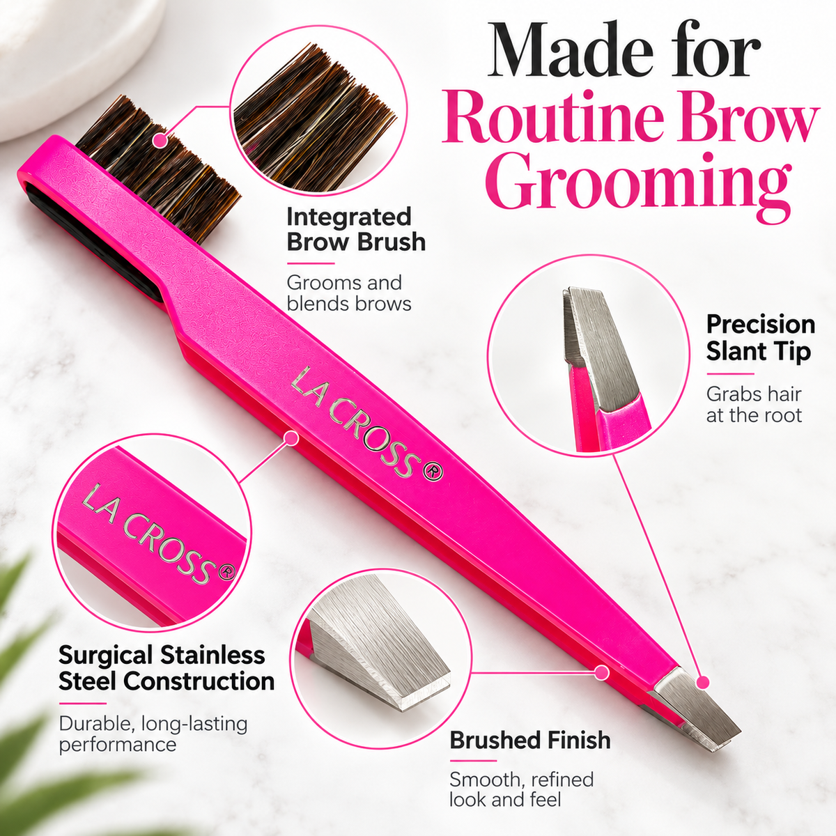 Slant Tip Tweezer with Brow Brush – 2-in-1 Eyebrow Grooming Tool