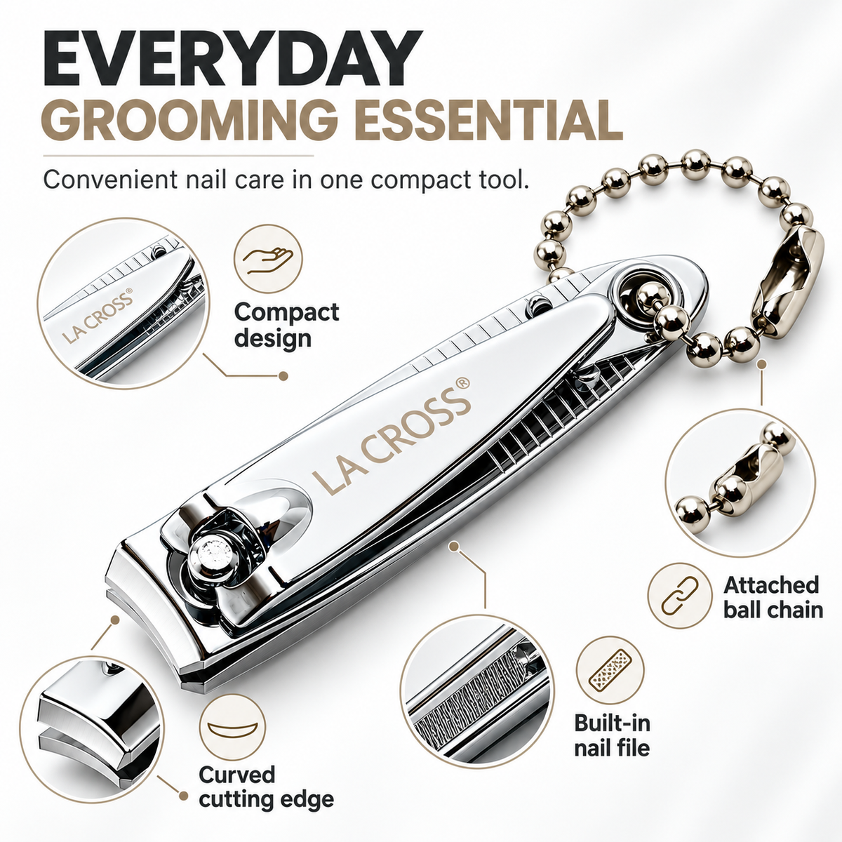 Fingernail Clipper with Nail File & Chain – Carbon Steel Nail Cutter