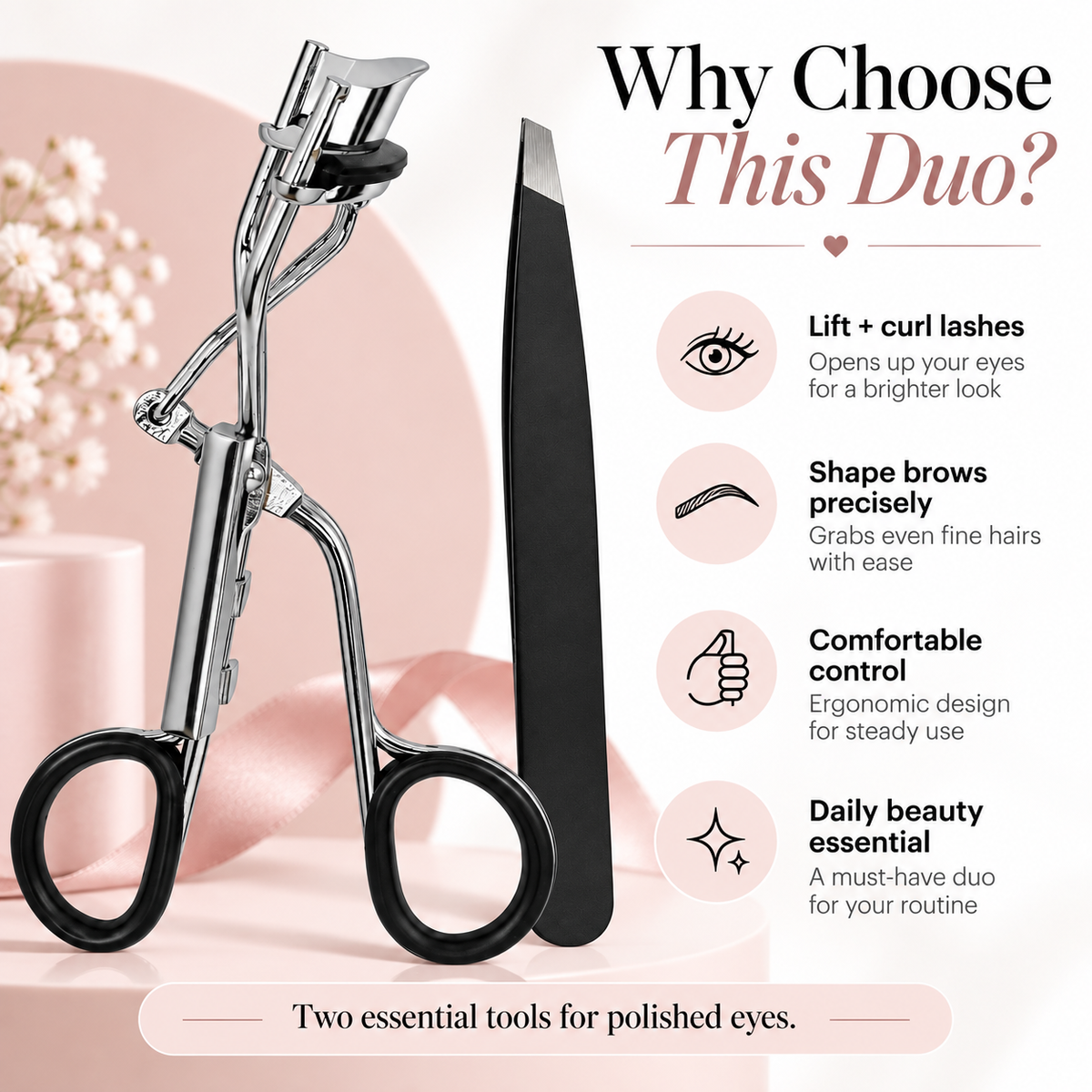 Eyelash Curler & Slant Tweezer Set – Stainless Steel with Refill Pad