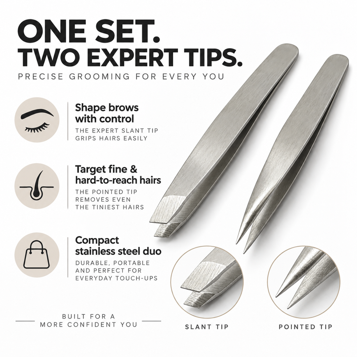 Slant & Pointed Tip Tweezer Set – 2 Pack Stainless Steel Precision Tweezers