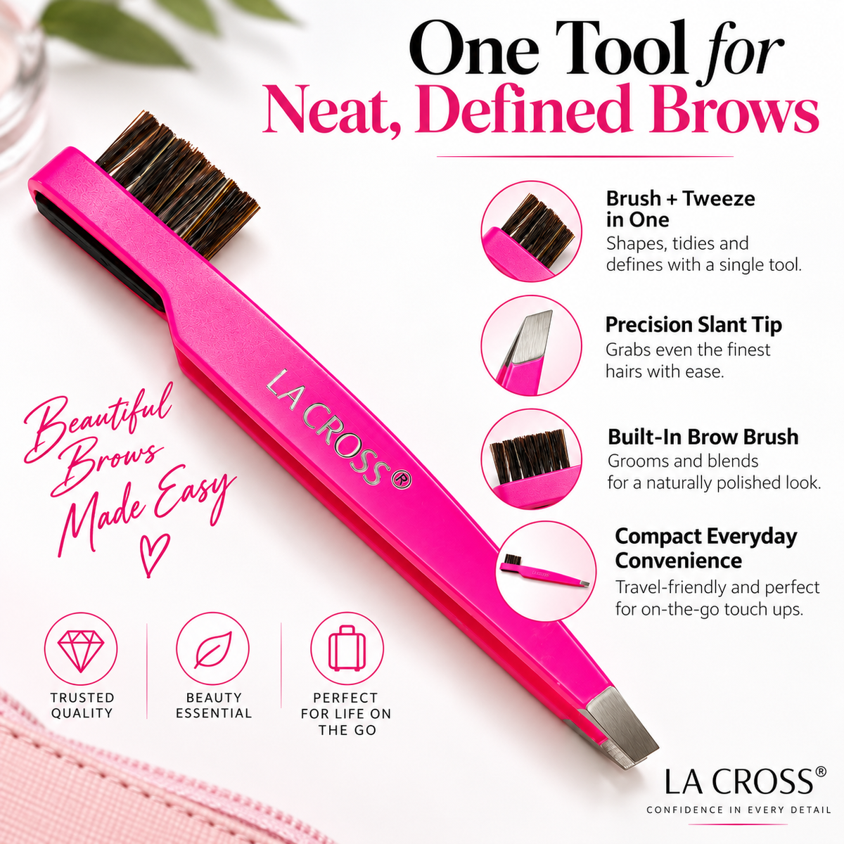 Slant Tip Tweezer with Brow Brush – 2-in-1 Eyebrow Grooming Tool