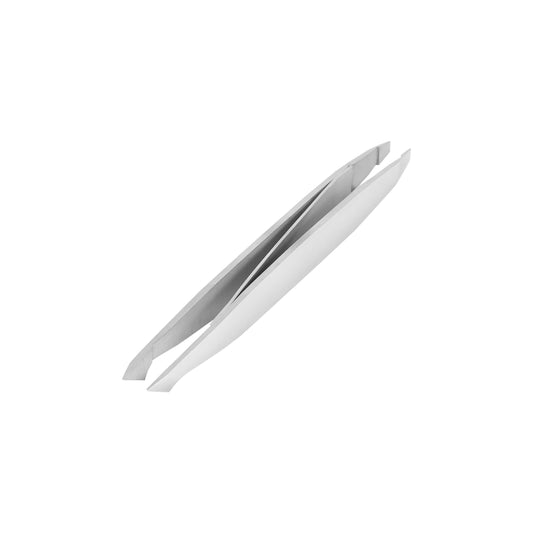 La Cross dual-ended tweezers shown at an angle, with slanted tip on the left and straight tip on the right, stainless steel finish.