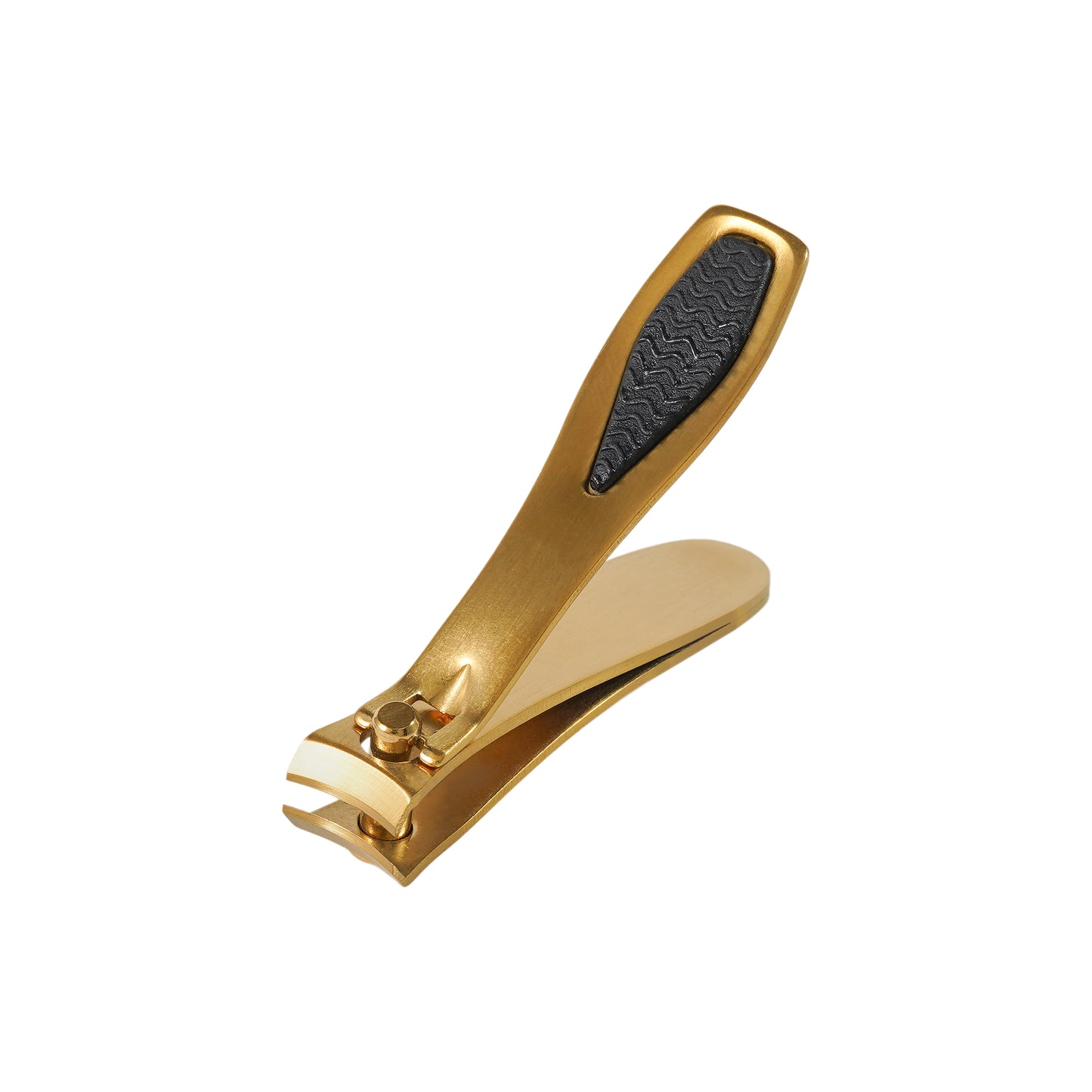 Gold nail clipper with black handle on a white background by LA Cross