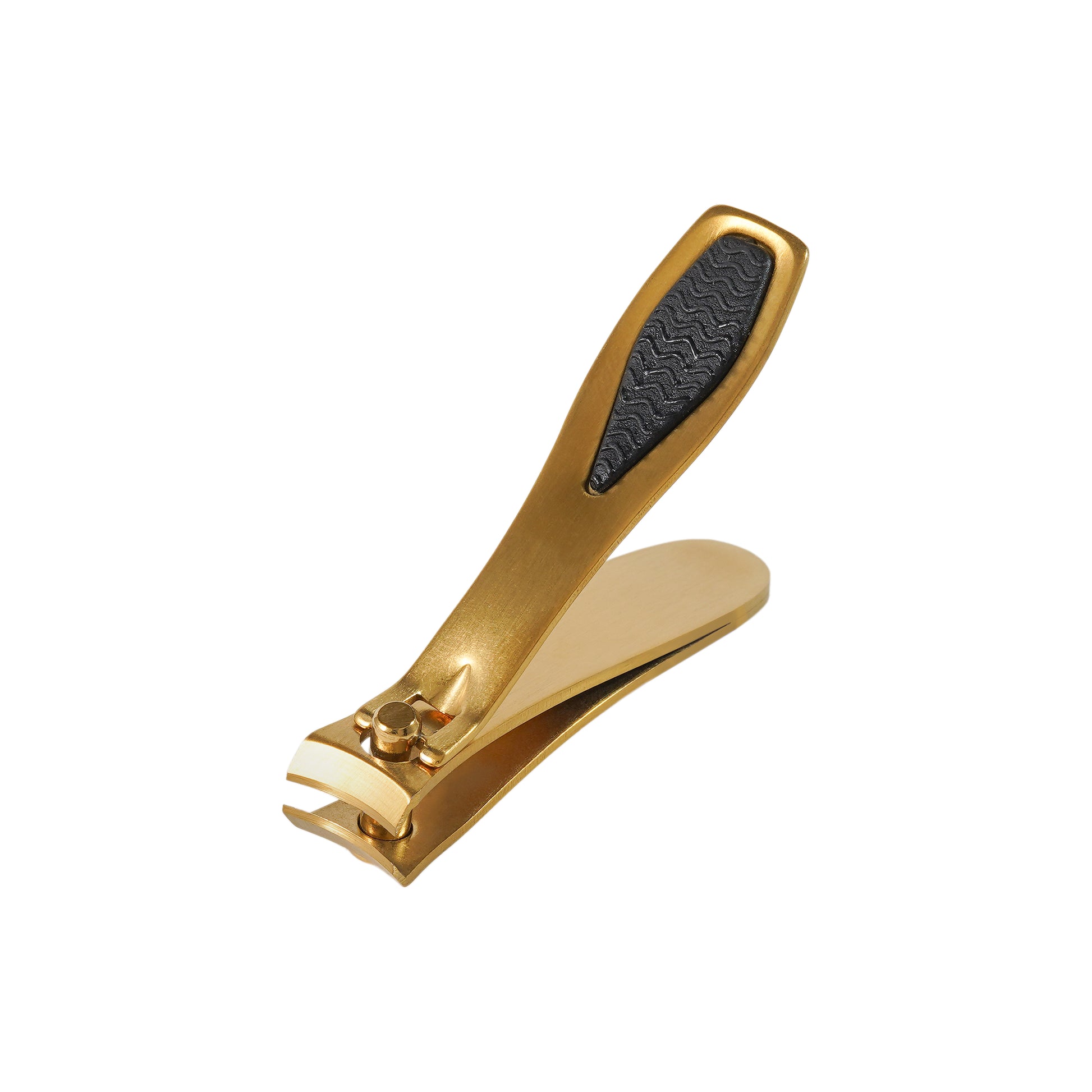 Gold nail clipper with black handle on a white background by LA Cross