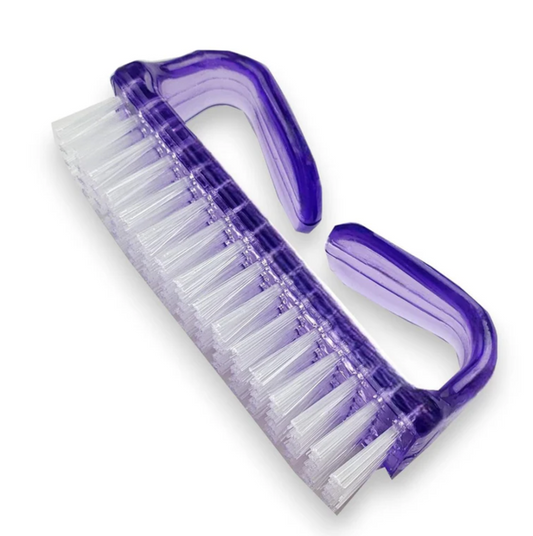 La Cross Nail Brush with soft white nylon bristles and purple plastic handle on white background