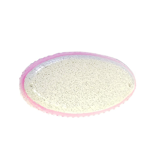 La Cross oval pumice stone with pink grip base, angled view on white background
