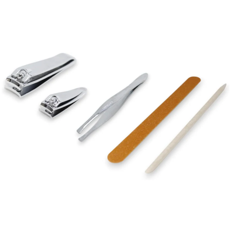 La Cross 5 Piece Manicure Kit displayed with toenail clipper, fingernail clipper, tweezer, emery board, and wooden stick on white background