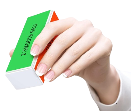 Hand holding a 4-step nail buffer block with visible green side labeled '2: Smooth Nail' for natural nail care and shine
