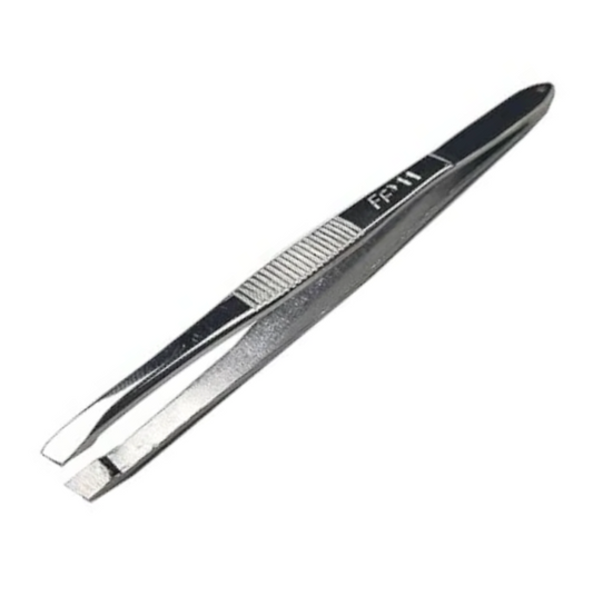La Cross Slant Tip Tweezer with chrome-plated finish and textured grip, designed for precision eyebrow shaping and hair removal