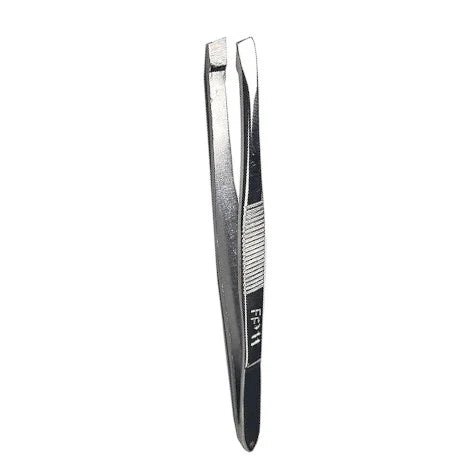 Side view of La Cross chrome-plated slant tip tweezer highlighting slim profile and slanted tips for accurate grooming