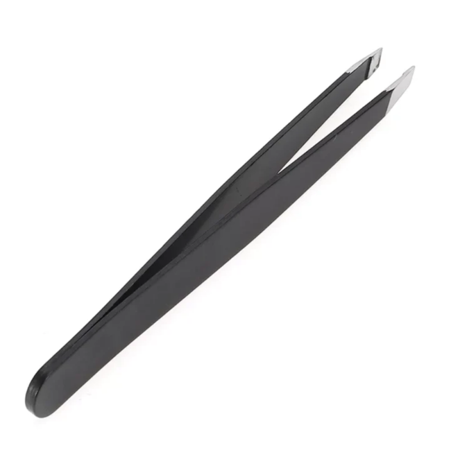 La Cross Expert Slant Tip Tweezer with diamond-ground tips, ergonomic grip, and precision features highlighted for eyebrow grooming